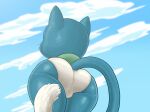 anthro blue_body blue_fur bulge butt clothing cloud dipstick_tail domestic_cat dulone exceed fairy_tail felid feline felis fur happy_(fairy_tail) hi_res long_tail looking_up low-angle_view male mammal markings pointy_ears prick_ears rear_view sky skyscape solo tail tail_markings thick_thighs underwear wide_hips