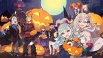  6+girls absurdres airani_iofifteen animal_ears anya_melfissa ayunda_risu bicorne black_coat blonde_hair blue_hair broom broom_riding brown_hair coat cone_hair_bun crossed_arms eyewear_on_head full_moon futomoy grey_hair hair_bun hair_ornament halloween halloween_bucket halloween_costume hat highres hololive hololive_indonesia hood hoodie jack-o'-lantern jack-o'-lantern_hair_ornament kaela_kovalskia kobo_kanaeru kureiji_ollie moon moona_hoshinova multiple_girls night pavolia_reine pink_hair police police_uniform red_hair side_ponytail smile squirrel_ears squirrel_girl striped_clothes striped_sweater sweater twintails vestia_zeta virtual_youtuber witch witch_hat 