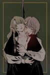 2girls bite_mark bite_mark_on_neck black_dress blonde_hair blood blood_from_mouth blood_on_neck blood_on_shoulder blush braid breasts cleavage closed_eyes collarbone commentary dress dungeon_meshi elf english_commentary falin_touden falin_touden_(tallman) fang fingernails green_background green_eyes grey_hair hair_ribbon halloween highres long_fingernails long_hair long_sleeves marcille_donato multiple_girls murmur_(kim0222dr5) open_clothes open_dress open_mouth parted_lips pointy_ears ribbon shirt white_shirt yuri 