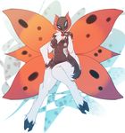  2015 abstract_background anthro anthrofied arthropod avante92 blue_eyes blush breasts butt collar female insect looking_at_viewer moth multi_limb multiple_arms navel nintendo nipples nude pok&eacute;mon smile solo video_games volcarona wide_hips wings 