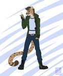  anthro blue_eyes boots brown_hair cheetah cigarette clothing countershading digital_media_(artwork) ethan_caron_(jaysilverfox) feline fingerless_gloves full-length_portrait fur gloves gun hair holster jacket male mammal notched_ear pants piercing pose ranged_weapon smoking solo spots standing tan_fur vallhund weapon 