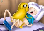  adventure_time anal anal_penetration balls bed bestiality blush canine cowgirl_position cum dog feral finn_the_human gay human interspecies jake_the_dog male mammal on_top penetration sex straddling 