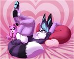  2015 anthro blue_hair butt canine clothing cute digitigrade ear_piercing elbow_gloves fox fur girly gloves hair holidays legs_up legwear locosaltinc lying male mammal on_back panties panties_down piercing pillow pillow_grab plushie purple_fur purple_hair solo stockings teasing toasty two_tone_hair underwear valentine&#039;s_day white_belly white_fur 