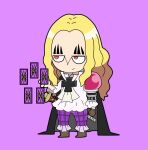  1boy armor basil_hawkins black_cape blonde_hair cape card character_request chibi closed_mouth cross facial_mark gloves highres long_hair long_sleeves matsurika_0707 one_piece pants pauldrons purple_pants red_eyes shoulder_armor single_pauldron solo weapon 