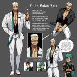  2boys absurdres age_difference ahoge bara beard belt black_shirt blush character_profile chest_hair coat collarbone collared_shirt duke_botan_satou english_text facial_hair fairytale_police_hoe_department full_body glasses grandfather_and_grandson green_belt green_hair grey_background height_difference highres holding holding_sword holding_weapon idoraad long_sleeves male_focus mature_male multiple_boys multiple_views muscular muscular_male pants pectoral_cleavage pectorals satou_kotarou_(fairytale_police_hoe_department) shirt short_hair simple_background sword undercut weapon white_coat white_hair white_pants yaoi 