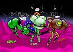  amphibian battletoads big_breasts big_butt blue_eyes blue_hair breast_expansion breasts brown_eyes brown_hair butt english_text expansion eyewear female frog hair huge_breasts huge_butt lips norithics orange_hair parody pasties red_eyes short_hair sunglasses text 