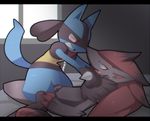 2015 angry anthro black_fur blue_eyes blue_fur claws collar comic cowgirl_position duo eye_contact female female_on_top fur grey_fur hair lucario male nintendo nongqiling on_top open_mouth penetration pok&eacute;mon red_eyes red_hair scared sex straddling straight teeth vaginal vaginal_penetration video_games zoroark 