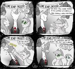  2015 apple_fitters applejack_(mlp) balloon banner black_and_white blue_eyes clothing comic cowboy_hat equine female fluttershy_(mlp) friendship_is_magic green_eyes hair hat horse male mammal monochrome my_little_pony omny87 pony slenderman suit 
