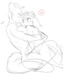  2015 anthro big_breasts blush breasts canine cuddling dog duo female fur hair hug klonoa klonoa_(series) looking_at_eachother male mammal monochrome nude open_mouth plain_background sindoll smile straight 