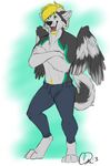  anthro beard body_hair canine casey_(artist) clothed clothing dog doofus dragon facial_hair fal_aeolius fur green_eyes hair half-dressed happy_trail horn husky hybrid male mammal open_mouth pants scalie smile solo topless wings 