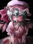  1girl bat_wings black_background blood blood_in_mouth blood_on_clothes blue_hair dress fang frills haniwa_kue hat highres light_blue_hair mob_cap pointy_ears red_eyes remilia_scarlet skin_fang touhou vampire wings 