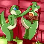  against_wall ambiguous_gender arms_tied bdsm bondage bound butt convenient_censorship cum_on_wall cupping_chin duo leaning leaning_forward male mario_bros nintendo outside rope_bondage saurian_(artist) tongue tongue_out video_games wall yoshi 