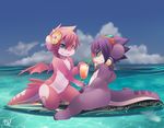  ambiguous_gender anthro black_hair collar cyan_eyes dragon duo eyewear fish flower goggles hair mako_(rudragon) marine pink_hair plant ru_(rudragon) rudragon scalie sea shark surfboard water 