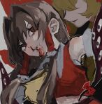  2girls bare_shoulders blonde_hair blood bow brown_eyes brown_hair gap_(touhou) hair_tubes hakurei_reimu haniwa_kue highres long_hair multiple_girls neckerchief nosebleed red_bow red_shirt shirt touhou yakumo_yukari yellow_neckerchief 