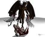  aennor angel anthro balls bat_wings begging blood canine chain death demon duo feathers gore hook horn human imminent_death male mammal muscles nude sheath wings wolf 