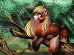  &lt;3 blonde_hair brown_eyes brown_hair cliff equine fan_character female hair hi_res horse long_tail looking_at_viewer lying mammal my_little_pony outside pony santagiera solo tree 