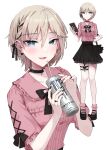  1girl absurdres anastasia_(idolmaster) bag black_bow black_bowtie black_choker black_footwear black_nails black_ribbon black_skirt blue_eyes blush bow bowtie breasts brown_hair can cellphone choker closed_mouth collarbone commentary dot_nose dress_bow drinking_straw ear_piercing earrings frilled_shirt frills full_body garter_straps hair_between_eyes hair_bow hair_ribbon hands_up highres holding holding_bag holding_can holding_phone idolmaster idolmaster_cinderella_girls idolmaster_cinderella_girls_starlight_stage jewelry jirai_kei looking_at_viewer medium_breasts monster_energy multiple_views nail_polish open_mouth phone piercing pink_shirt pink_socks platform_footwear pleated_skirt ribbon ribbon_braid ring rum_raisin_(chihiromakita19) shirt short_hair short_sleeves simple_background single_garter_strap skirt smartphone smile socks standing thigh_strap white_background 