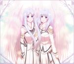  2girls angel_wings dress feena_(ys) jewelry light_blush long_dress long_hair long_sleeves looking_at_viewer multiple_girls necklace parted_bangs parted_lips purple_eyes purple_hair reah_(ys) sleeveless sleeveless_dress smile very_long_hair white_dress white_wings wings xiacheng_tatsuya ys ys_origin 