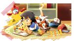  1boy absurdres ash_ketchum backpack bag barefoot baseball_cap black_hair blue_shirt book brown_eyes chips_(food) closed_eyes closed_mouth commentary cup door drinking_straw facial_mark feet food green_eyes hat hatsu8282 highres indoors leg_up looking_down looking_up lycanroc lycanroc_(dusk) lying male_focus meltan open_mouth pikachu pokemon pokemon_(anime) pokemon_sm_(anime) rotom rotom_dex rowlet shirt shorts sleeping smile two-tone_shirt white_shirt 