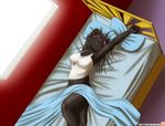  2015 anthro bed canine clothing female fur hair immelmann julia_king_(character) long_hair lying mammal pregnant solo stretching wolf 