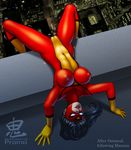  big_breasts black_hair bodysuit breasts camel_toe clothing erect_nipples female hair long_hair marvel mask navel nipples not_furry oni_(artist) parody promo skinsuit solo spider-woman tight_clothing 