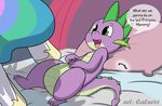  2014 bed caluriri cub dialogue dragon duo english_text equine friendship_is_magic green_eyes hair horse interspecies lying male mammal multicolored_hair my_little_pony on_back open_mouth pillow princess_celestia_(mlp) scalie spike_(mlp) text young 