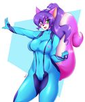  anthro big_breasts bodysuit breasts clothed clothing feline female green_eyes hair looking_at_viewer mammal mleonheart open_mouth purple_hair skinsuit sofia solo teeth tongue 