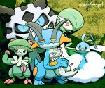  altaria artist_name black_eyes blue_eyes blue_skin bob_cut breloom brown_fur claws colored_sclera colored_skin gardevoir glalie green_hair hair_over_one_eye highres linoone orange_sclera pink_eyes pokemon pokemon_(creature) smile swampert sweatdrop veganswampert 