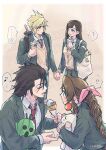  ! ... 2boys 2girls ? aerith_gainsborough backpack bag black_hair blonde_hair blue_eyes blue_jacket blue_skirt blush braid braided_ponytail brown_hair buster_sword cardigan chocobo closed_eyes cloud_strife collared_shirt couple doll earrings feeding final_fantasy final_fantasy_vii food food_on_face hair_ribbon heart highres holding holding_doll holding_hands holding_ice_cream_cone ice_cream_cone jacket jewelry long_hair long_sleeves looking_at_another moogle multiple_boys multiple_girls musical_note necktie ninnin5tora open_clothes open_jacket open_mouth pink_ribbon pleated_skirt red_eyes red_necktie ribbon sabotender school_uniform shirt short_hair single_earring skirt spiked_hair spoken_ellipsis spoken_exclamation_mark spoken_heart spoken_musical_note spoken_question_mark tifa_lockhart tongue tongue_out upper_body white_shirt zack_fair 
