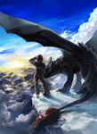  2015 armor black_scales brown_hair cloud cloudscape dragon duo feral hair hiccup_(httyd) horizon how_to_train_your_dragon human koya looking_away male mammal mountain night_fury prosthetic rear_view scalie sky snow spread_wings sun toothless wings 