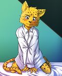  2015 anthro bed blush clothing cute feline leopard male mammal mayobug shirt shota shy solo young 