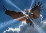  armor cloudscape feathered_wings female flying isperia low-angle_shot magic magic_the_gathering official_art quadruped sky slawomir_maniak sphinx wings 