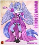  2015 anthro blue_hair breasts cleavage clothed clothing crown dress elbow_gloves equine fan_character female gloves green_eyes hair horn mammal mariah_wolves_(mlp) my_little_pony necklace portrait pose shoes skyraptor solo two_tone_hair white_hair winged_unicorn wings 