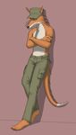  anthro black_nose brown_fur canine claws clothed clothing crossed_arms dragon fox fur half-dressed hat hybrid jason(fursona) leaning looking_away male mammal panderpanda shadow solo standing topless white_fur 