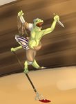  2015 anthro bunnylace clothed clothing fantasy gladiator half-dressed knife kobold male net polearm reptile scalie solo striped_pants stripes topless trident weapon 