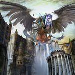  1:1 anthro armor banner better_version_at_source city cityscape detailed_background digital_media_(artwork) eyes_closed feathered_wings feathers felid female hasbro hi_res isperia low-angle_view macro magic:_the_gathering mammal mythological_creature mythological_sphinx mythology official_art scott_m._fischer solo spread_wings water waterfall wings wizards_of_the_coast 