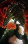  abstract_background ambiguous_gender dragon feathers feral flight_rising fur grin horn looking_at_viewer maelice red_eyes scalie scar smile solo teeth white_fur wildclaw_dragon 