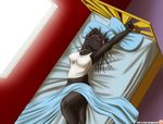  2015 anthro bed canine clothing female fur hair immelmann julia_king_(character) lying mammal pregnant solo stretching wolf 