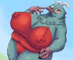  animal_ears anthro avian big_breasts bigger_version_at_the_source bird breasts bunnysuit clothing female fur green_fur nipples overweight pidgeon rabbit_ears red_eyes solo yellow_sclera 
