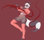  action_pose anthro bear blood chigui_(character) clothed clothing eyewear female glasses intersex lawyerdog leaning leaning_back leg_warmers legwear long_tail mammal panda raised_hand reptile scalie shorts solo standing_on_one_foot stockings thigh_highs top 