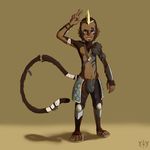  anthro arm_wraps armor bracers bulge clothed clothing digital_media_(artwork) ear_piercing eyebrow_piercing facial_piercing furfit half-dressed long_tail looking_at_viewer male mammal markings mith_(monkey) mohawk monkey nipples one_arm_up open_mouth pants piercing primate scar signature smile solo standing tail_wrap toned topless waving 