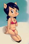  2014 anthro black_eyes black_hair breasts clothed clothing female hair looking_at_viewer looney_tunes mammal navel petunia_pig pig ponchuzn porcine sky smile solo swimsuit warner_brothers 