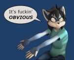 3d_(artwork) angry annoyed anthro big_ears black_hair blue_body blue_fur bottomwear brown_hair clothed clothing comic_panel denim denim_bottomwear denim_clothing digital_media_(artwork) english_text female fur green_clothing green_shirt green_topwear grumpy hair hi_res humanoid jeans mammal meme_face meme_pose pants procyonid profanity purple_eyes raccoon reaction_image ryder_(striped_sins) shirt short_hair sitting solo speech_bubble striped_sins text topwear white_body white_fur willitfit willitfit_(copyright/owner)