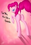  abstract_background anus blue_eyes equine female friendship_is_magic fur hair hooves horse jeki long_hair looking_at_viewer looking_back mammal my_little_pony pink_fur pink_hair pinkie_pie_(mlp) pony presenting pussy raised_tail smile solo text 