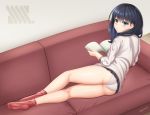  1girl artist_name ass black_hair black_skirt blue_eyes blush book cardigan closed_mouth couch eyebrows_visible_through_hair female full_body kneepits looking_at_viewer looking_back lying on_couch on_side panties pleated_skirt shiny shiny_skin skirt socks solo ssss.gridman takarada_rikka underwear white_cardigan white_panties yanows 