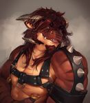  2015 anthro bdsm bondage bound claws darkgem dragon ear_piercing facial_hair fangs goatee hair harness horn long_hair looking_at_viewer male nipple_piercing nipples piercing plain_background red_hair scalie smile solo spikes stripes teeth tongue tongue_out 