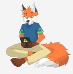 anthro black_nose canine clothed clothing fox foxen fur gaming green_eyes male mammal nintendo nintendo_3ds orange_fur pants plain_background red_fox shirt sitting solo video_games white_background 