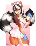  &lt;3 2015 amber_eyes anthro belt black_fur black_hair blush bow bra breasts brown_fur cleavage clothed clothing dress female fur gloves hair hat legwear long_hair looking_at_viewer midriff nurse open_mouth panties pink_nose ringtail skirt smile solo spittfire standing stockings syringe tongue tongue_out two_tone_hair underwear white_fur white_hair 