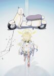 1girl absurdres akira_(manga) assault_rifle backpack bag blonde_hair blue_archive bullpup dress gun halo hashtag-only_commentary hifumi_(blue_archive) highres holding holding_gun holding_weapon jacket kaneda_shoutarou&#039;s_bike l85 long_hair long_sleeves moped motor_vehicle peroro_(blue_archive) rifle shadow shoes solo twintails weapon white_dress white_jacket ylgcoffee 