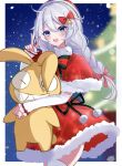  1girl blue_eyes border bow braid capelet christmas christmas_tree commentary cowboy_shot detached_sleeves dress fur-trimmed_capelet fur-trimmed_dress fur_trim hair_between_eyes hair_bow hair_ornament highres holding holding_stuffed_toy homu_(honkai_impact) honkai_(series) honkai_impact_3rd kiana_kaslana multiple_hair_bows night night_sky open_mouth outside_border pom_pom_(clothes) pom_pom_hair_ornament red_bow red_capelet red_dress santa_dress sky smile snowing solo stuffed_toy symbol-only_commentary tdatnst twin_braids v white_border white_hair white_sleeves x_hair_ornament 